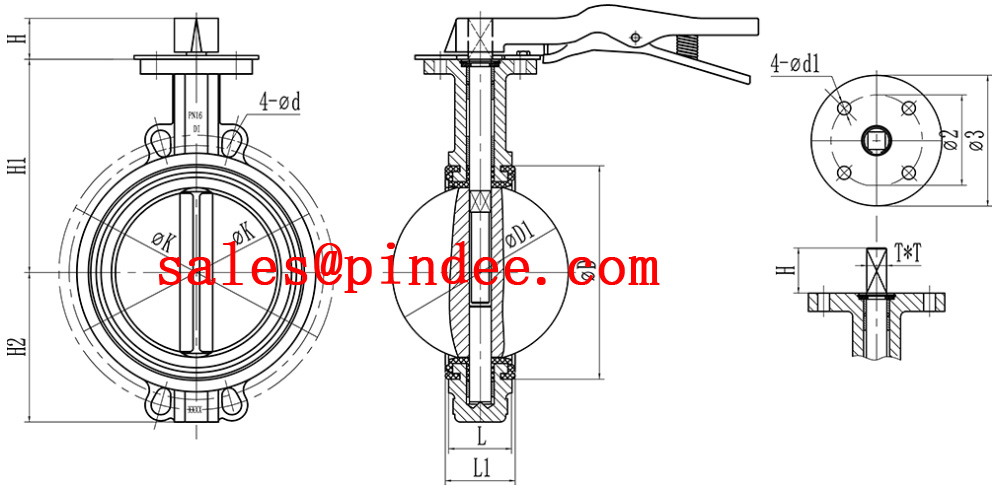 Ducitle Iron Wafer Butterfly Valve with Worm Gear drawing