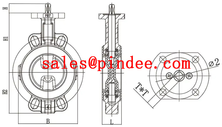 Pindee Valve Manufacture Worm Gear OP PTFE Fully Lined Wafer Butterfly Valve drawing