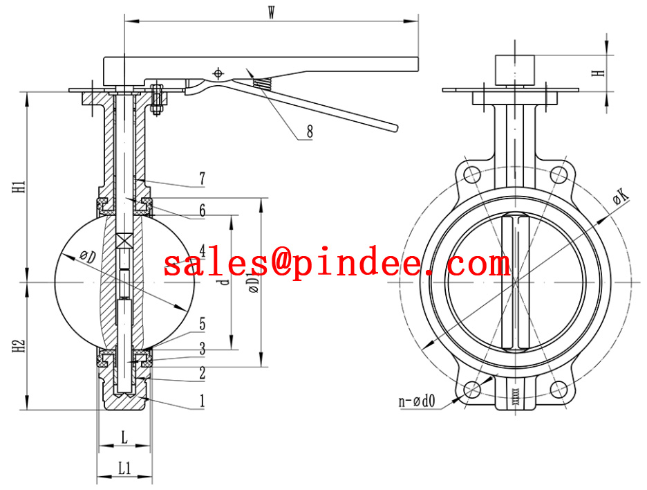 Stainless Steel CF8M PTFE Seat 150LB Wafer Butterfly Valve Manufacture By Pindee Valve drawing1
