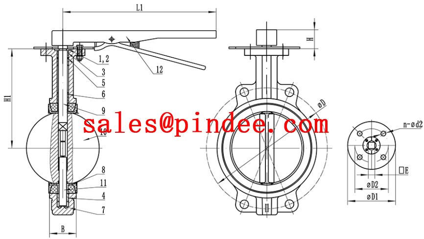 Hard Back Seat Ductile Iron Wafer Butterfly Valve Manufacture by Pindee Valve drawing