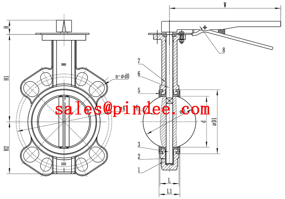 Stainless Steel CF8M PTFE Seat 150LB Wafer Butterfly Valve Manufacture By Pindee Valve drawing2