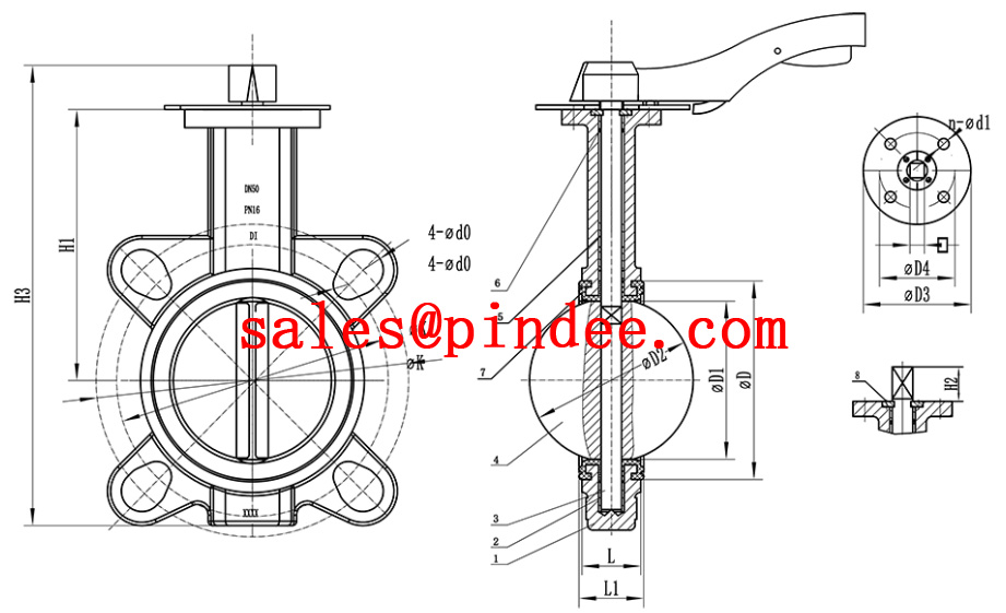 Pindee Valve Manufacture Silicone Rubber Seat Stainless Steel Wafer Butterfly Valve with Handlever drawing1