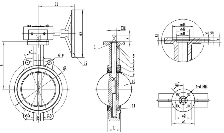 Pindee Valve Manufacture PTFE Seat Wafer Butterfly Valve with Worm Gear drawing