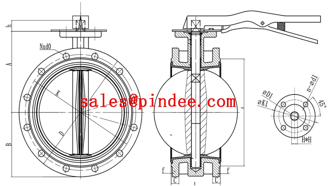 Pindee Valve Manufacture WCB Body PTFE Seated Flanged Butterfly Valve drawing1