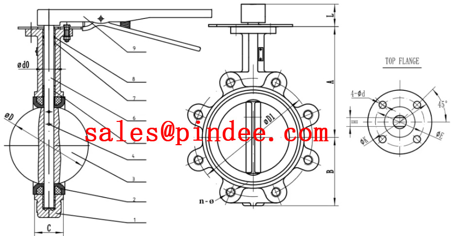 Ductile Iron Bod EPDM Seat Lug style Butterfly Valve Manufacture by Pindee Valve drawing