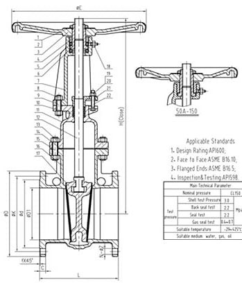 ANSI Cast Steel Gate Valve Drawing